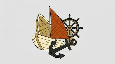 Flat illustration of a wooden boat with an orange sail, a ship wheel, and a black anchor on a light gray background