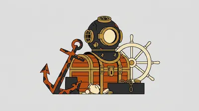 Flat illustration of a vintage diving helmet, a wooden treasure chest, and a rusty anchor on a light grey background