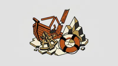 Flat illustration of a broken wooden ship, a sextant, and a lifebuoy on ice shards against a light gray background