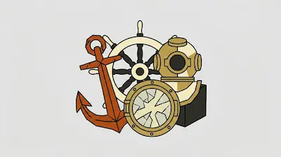 Flat illustration of a wooden ship wheel, a rusty anchor, and a diving helmet with a broken porthole glass