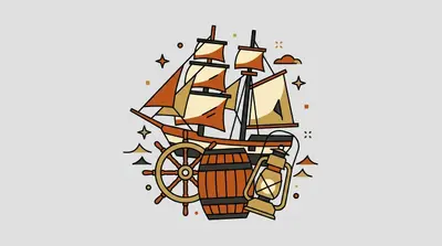 A two-masted sailing ship with torn sails above a ship's wheel, a wooden barrel, and an old oil lantern.