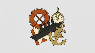 Flat illustration of nautical items including a lifebuoy, a steamship, an anchor, and a telegraph on a gray background
