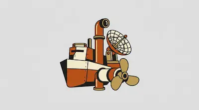 Flat illustration of a stylized orange ship with a tall periscope, a satellite dish, and a propeller on a gray background