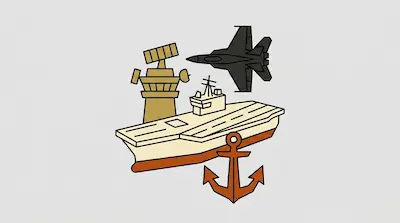 Flat illustration of a military aircraft carrier, a fighter jet, a radar tower, and an anchor on a gray background