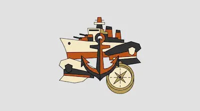 Flat illustration of a naval ship, a large anchor, a compass, and captain hats in orange and cream tones.