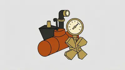 Flat illustration of industrial plumbing with an orange pipe, a pressure gauge, and a gold valve on a gray background