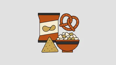 Flat illustration of a bag of potato chips, a large salted pretzel, a bowl of popcorn, and a single tortilla chip