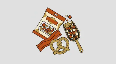 A bag of dried fruit, strips of jerky, a salted pretzel, and a scoop of trail mix.