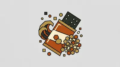 A snack packet spilling seeds, a dark seaweed sheet, a wave, and scattered sesame seeds.