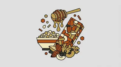 A granola bar, a bowl of oats, a dripping honey dipper, and a scattering of almonds and walnuts.