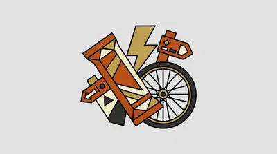 A wrapped bar, a lightning bolt, a bicycle wheel, and a trail marker post grouped together.