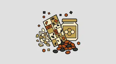 A granola bar breaking apart, a jar of honey with a honeycomb label, and a pile of raisins.