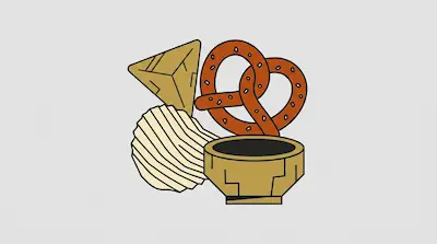 Flat illustration of a salted pretzel, a ridged potato chip, a tortilla chip, and a small bowl on a gray background