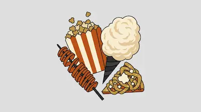 Flat illustration of carnival snacks including popcorn, cotton candy, a spiral potato skewer, and a slice of pie