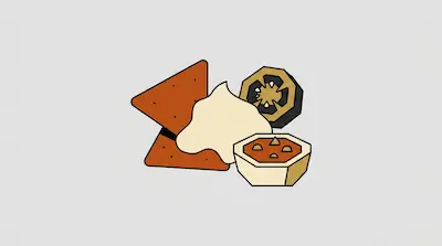 Flat illustration of orange tortilla chips, a dollop of cream, and a small bowl of salsa on a grey background