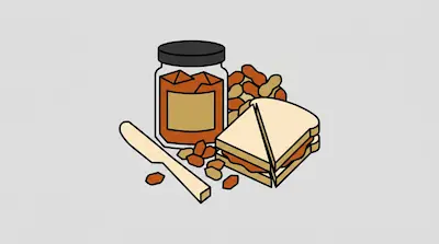 Flat illustration of a peanut butter jar, a sliced sandwich, and a butter knife on a light gray background