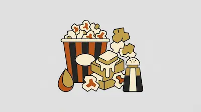 Flat illustration of a striped popcorn bucket, melting butter, and a salt shaker on a light gray background
