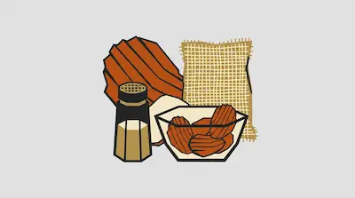 Flat illustration of a salt shaker, a bowl of crinkle-cut chips, and a burlap sack on a light gray background