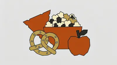 Flat illustration of a bowl of popcorn, a large pretzel, and a red apple with black outlines on a light gray background