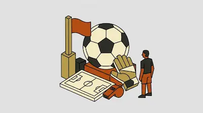 A soccer ball surrounded by a corner flag, a goalkeeper glove, a whistle, a miniature field, and a small player figure.