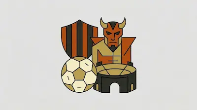 A striped red and black shield, a horned devil figure, a football, and a stadium rendered in bold geometric shapes.