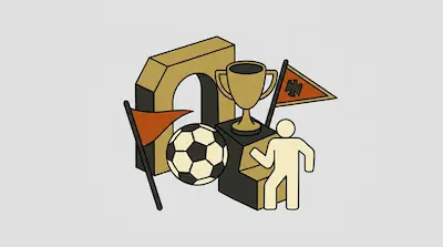 A soccer ball, a trophy on a pedestal, two orange flags, and a stylized human figure in front of a large golden arch.
