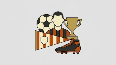 A soccer ball, a player in a striped jersey, a trophy, a pennant, and a soccer cleat.