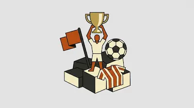 A soccer player stands on a podium holding a trophy above their head, surrounded by a soccer ball, a flag, and a striped jersey.