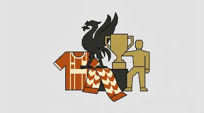A black Liver bird stands among a red and white jersey, a patterned scarf, a gold trophy, and a gold human figure.