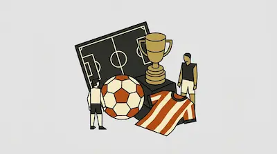 A soccer ball, a trophy, a striped jersey, and two players in front of a soccer field diagram.