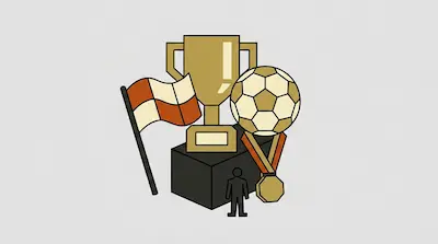 A gold trophy sits on a dark pedestal surrounded by a soccer ball, a medal, a checkered flag, and a small human figure icon.