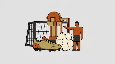 A soccer goal, trophy, cleat, ball, and player are grouped together in a graphic style.