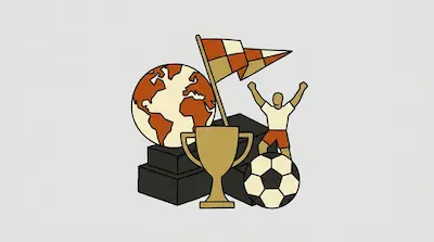 A globe, a trophy, a soccer ball, and a person with arms raised are grouped together with a checkered flag.
