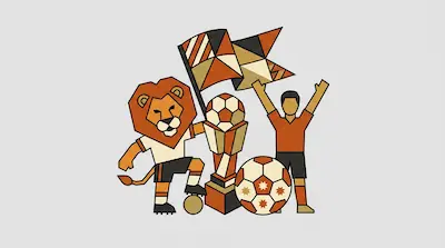 A lion mascot and a soccer player stand with a trophy, a flag, and soccer balls in a geometric, orange and black design.