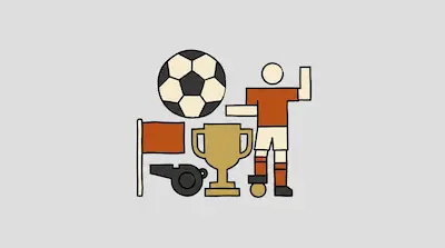 A soccer ball, a player in an orange jersey, a trophy, a flag, and a whistle.