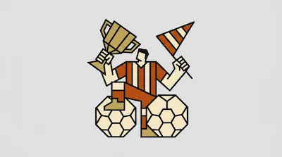 A stylized soccer player holds a trophy and a flag, with one foot resting on a soccer ball.