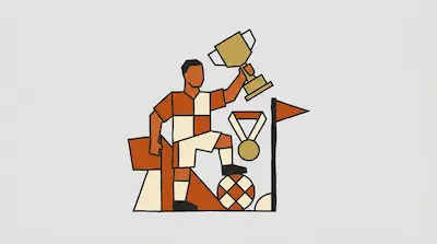 A stylized soccer player holds a trophy aloft with one foot resting on a ball, next to a medal and a corner flag.