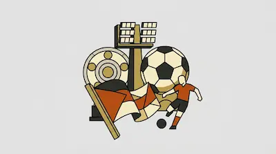 A stylized graphic featuring a soccer ball, a player kicking a ball, a stadium light, a flag, and a circular trophy.