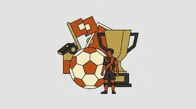 A stylized arrangement of a soccer ball, a player, a trophy, a whistle, and flags.
