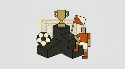 A soccer player figure steps onto a three-tiered podium topped with a trophy, with a soccer ball and goal net in the background.
