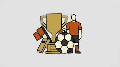 A gold trophy, a soccer ball, a player in an orange jersey, a whistle, and a flag are grouped together.