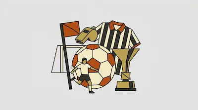 A collection of soccer-related items including a ball, a player, a whistle, a striped jersey, a trophy, and a goal.