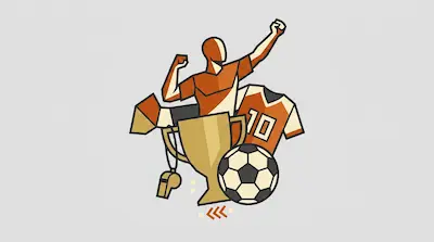 A stylized soccer player with arms raised stands behind a trophy, a soccer ball, a jersey with the number 10, and a whistle.