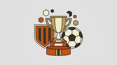 A trophy on a pedestal flanked by a striped shield and a football.
