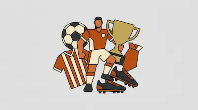 A soccer player in an orange uniform holds a gold trophy, surrounded by a soccer ball, a striped jersey, and cleats.