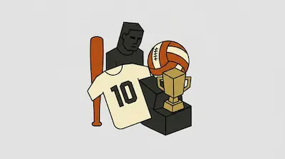A collection of sports items including a baseball bat, a jersey with the number 10, a trophy on a pedestal, a ball, and a bust of a person.