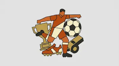 A soccer player in an orange and white kit kicks a ball, surrounded by a trophy, a whistle, and a soccer cleat.