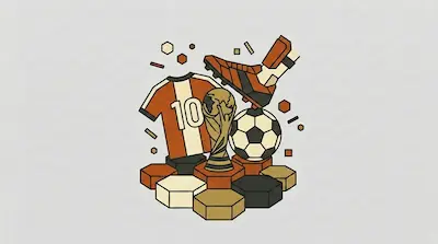 A number 10 jersey, a World Cup trophy, a football boot mid-strike, and a football clustered on geometric hexagonal platforms.