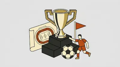 A gold trophy on a black pedestal surrounded by a soccer ball, a player in an orange uniform, a red flag, and a stadium diagram.