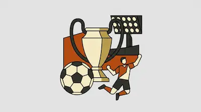 A large trophy, a soccer ball, and a soccer player in mid-air against a background of stadium lights.